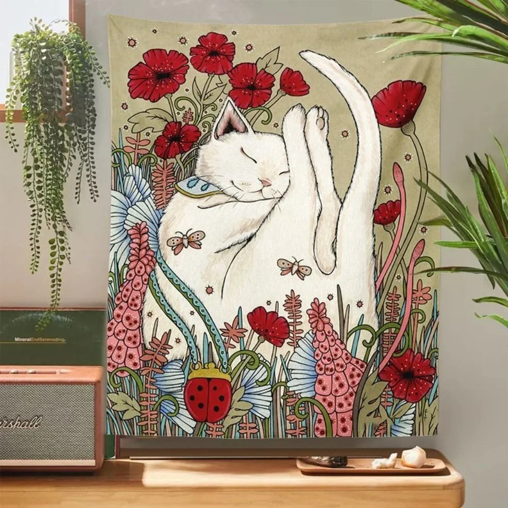 Sleeping Cute Cat Botanical Garden Flowers Tapestry Nature Lady Bug Plants Boho
